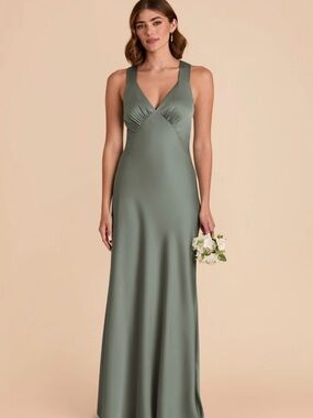 Sea Glass Birdy Grey Satin V-Neck Gown